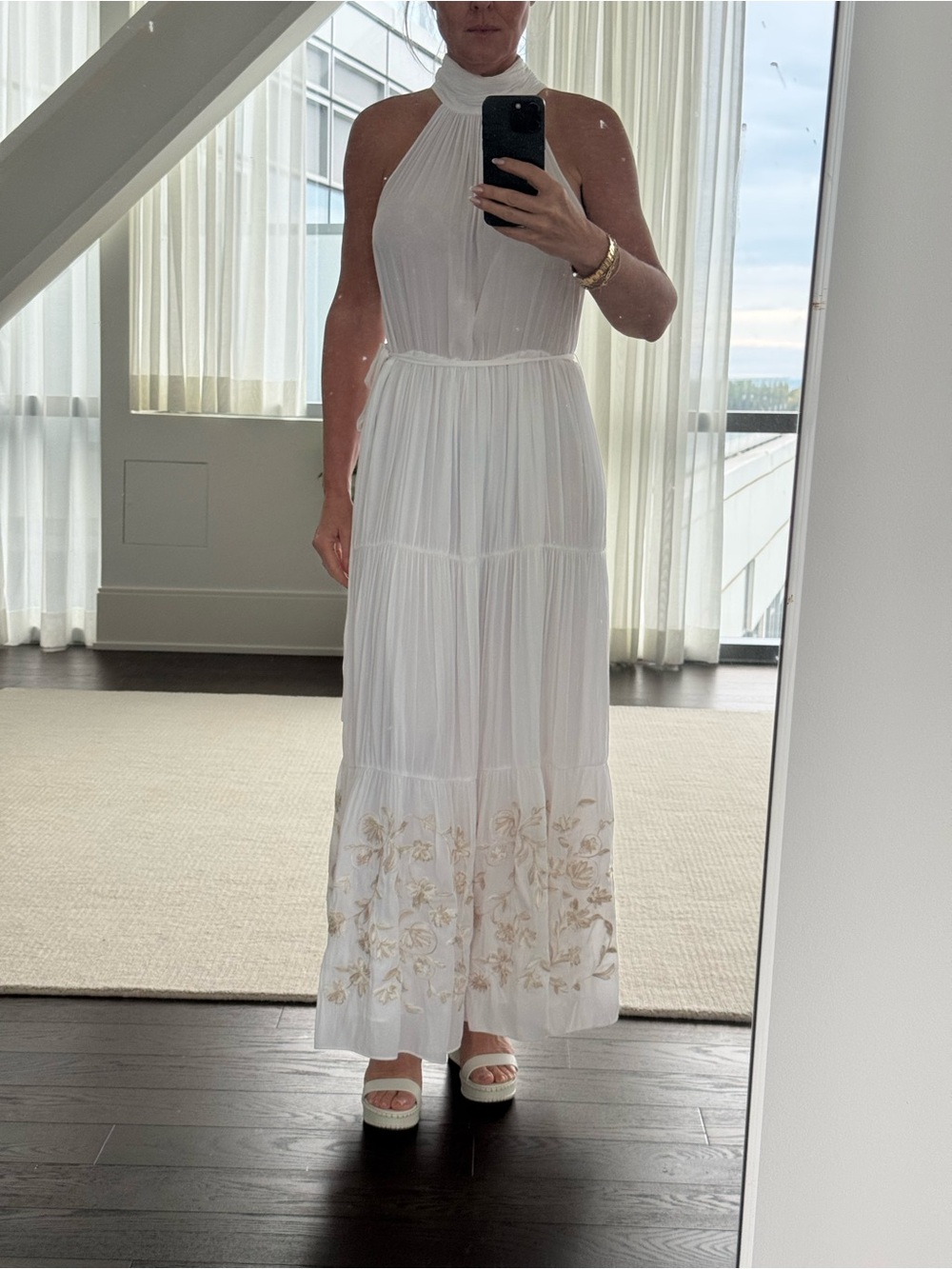 Ramy Brook White Maxi Dress with Embroidered Hem